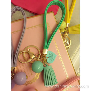 Handmade Leather Tassel Keychain With Candy Ball Charms